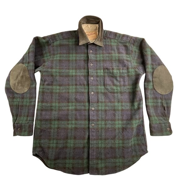 VTG Woolrich Shirt Men's Large Green Blue Plaid Elbow Patch Shacket USA 90s Y2K - Picture 1 of 14